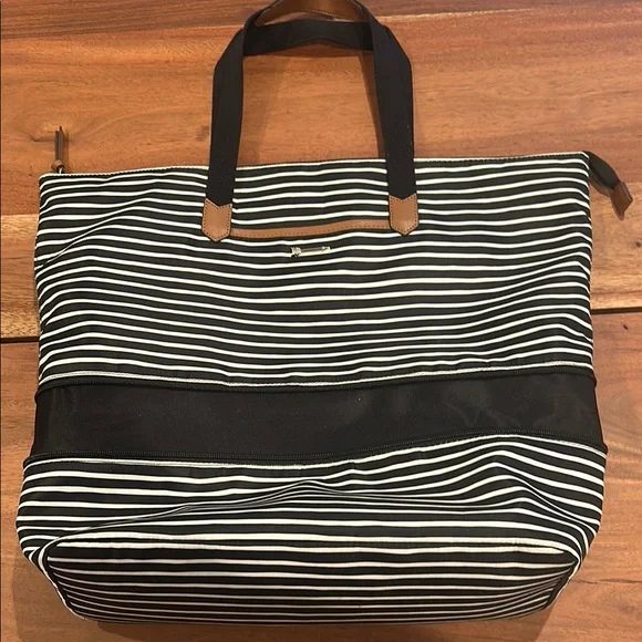 Stella & Dot Striped Black and White Tote Bag with Brown Accents - Picture 3 of 7